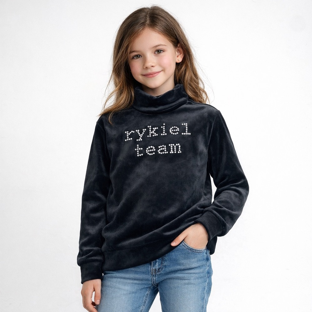 Sonia Rykiel Velour Rhinestone Rykiel Team Pullover Turtleneck Sweatshirt Top